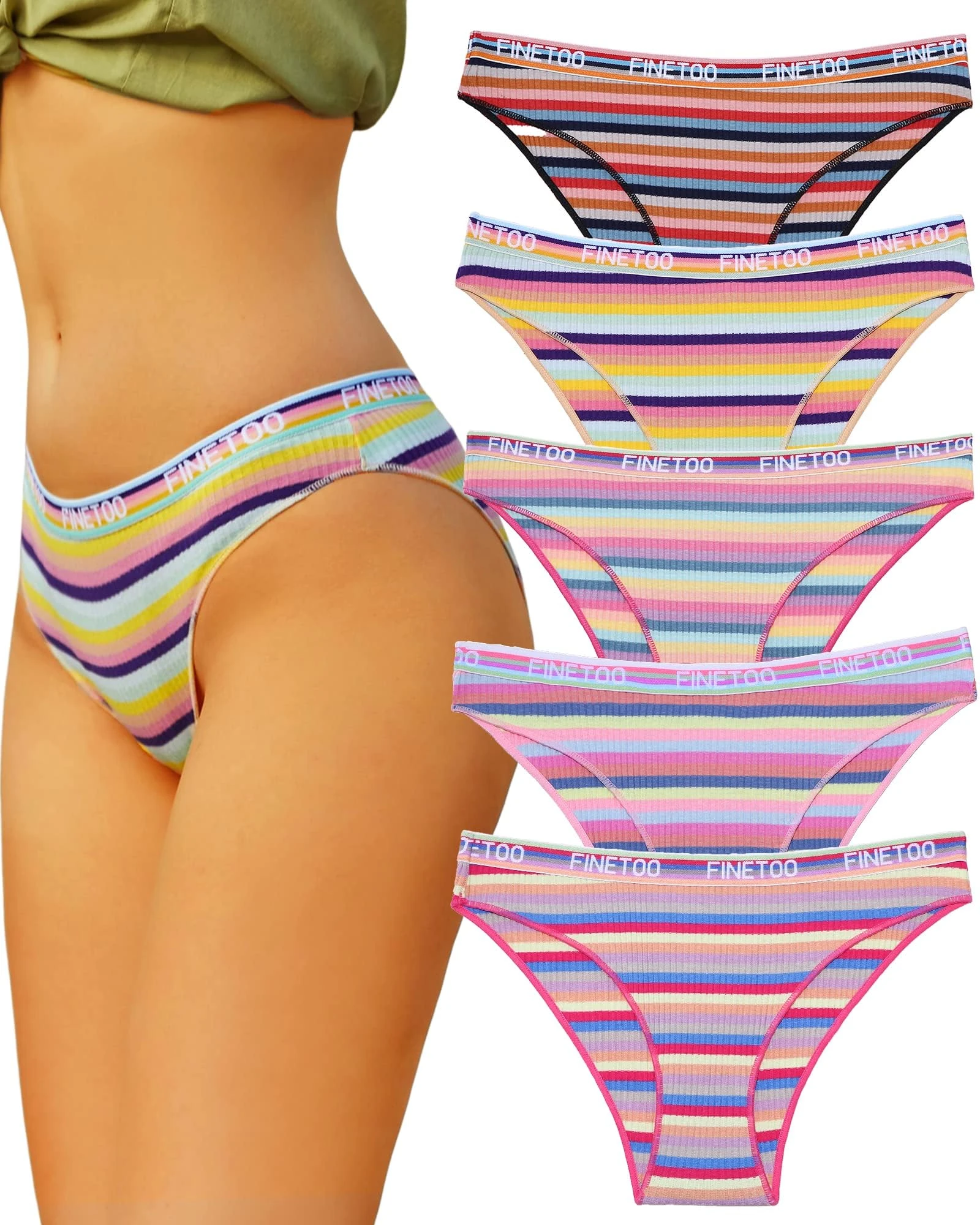 FINETOO Pack of 5 Cotton Briefs Women's Cotton Underwear Women Set Rainbow Briefs Sport Hipster Sexy Panties Underpants Logo Sports Underwear Soft Underpants Sports Belt Multipack S-XL