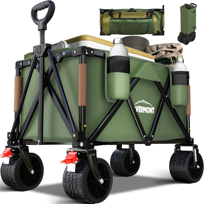 Overmont 150kg Festival Camping Trolley on Wheels - Heavy Duty Folding Beach Wagon Cart with Extra Wide Wheels, Adjustable Handle, Portable for Outdoor, Garden, Shopping, Fishing - Green