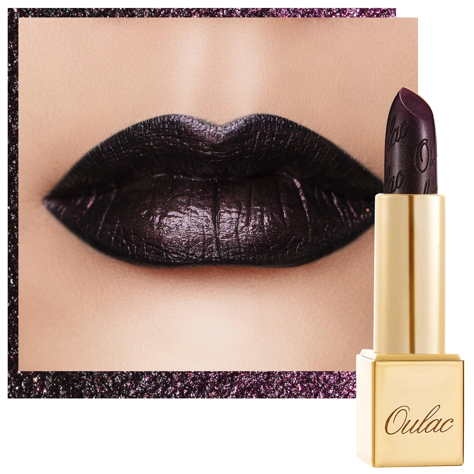 OULAC Halloween Lipstick Metallic Shine Glitter, Black High Impact Lipcolor, Lightweight Soft and Ultra Hydrating, Long Lasting, Vegan, Full-Coverage Lip Color 4.3 g/0.15 Midnight Mirage(21)