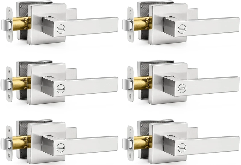 6 Pack Square Door Lever Privacy Door Lock Handleset Keyless Lockset Door Knobs Storage Room Bathroom Set No Key in Satin Nickel