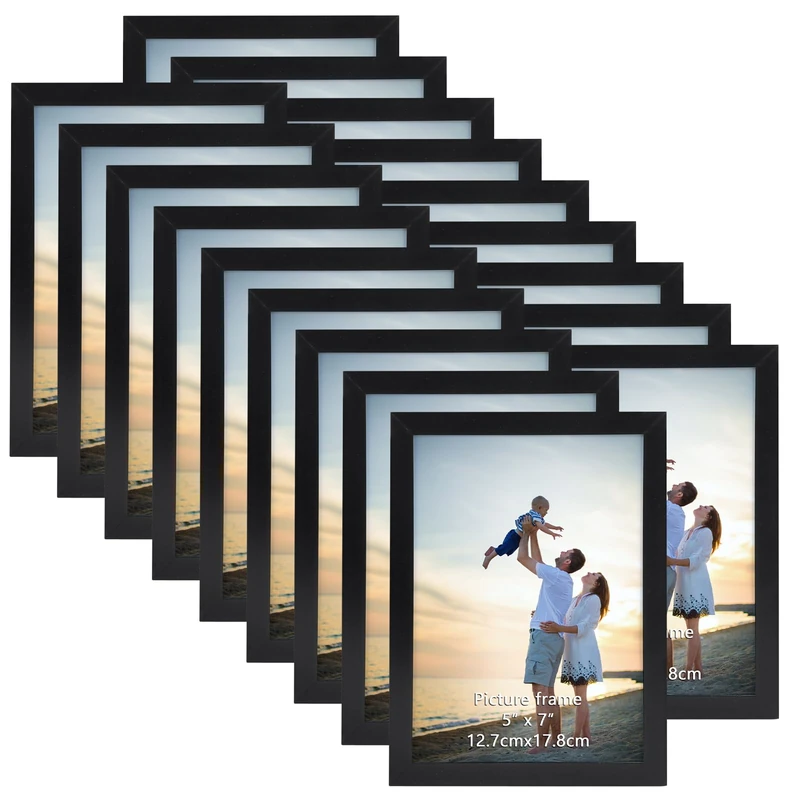Hoikwo 18 Packs 5x7 Black Multi Plastic Picture Frames Set with Plastic Cover for Family Photos, Artwork, Light Weight Bulk 5 by 7 Frames Pack for Wall Hanging and Table, Stylish Picture Frames