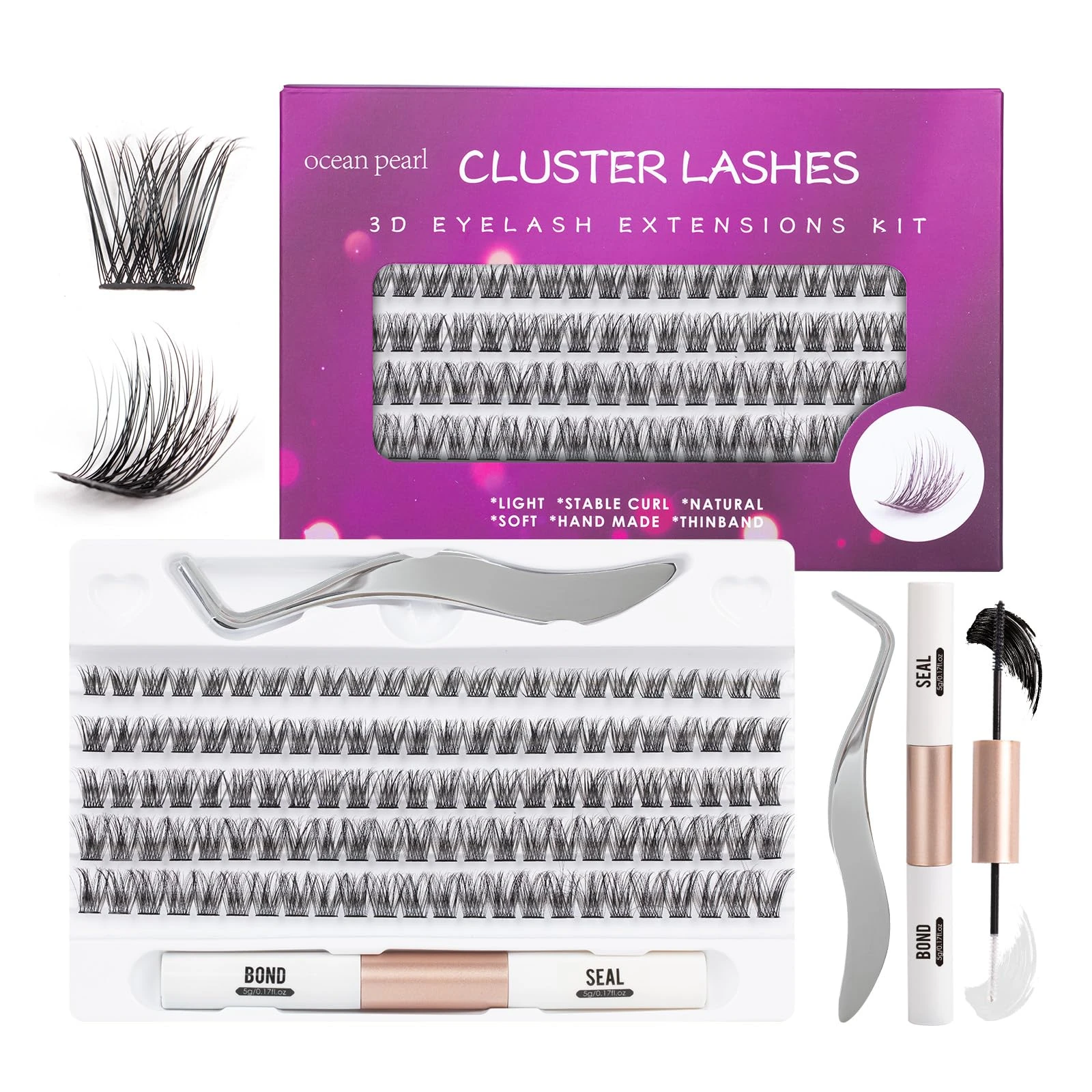 Individual Lashes 120 Cluster Lashes DIY Eyelash Extension Thin Band Wide Stem Lash Clusters with Tweezers and Super Bond and Seal Lash Extension Kit Mix 10-16mm Length C/D Curl - OP17