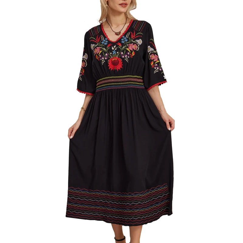 Higustar Mexican Embroidered Dresses for Women Boho Peasant Traditional Fiesta Hippie Bohemian Floral Cocktail Long Dress, Black-13, XL - Image 1