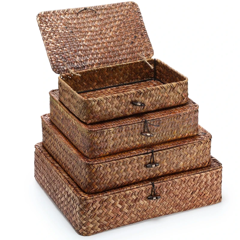 Didaey Set of 4 Seagrass Basket with Lid Wicker Storage Basket Decorative Storage Boxes with Lids Flat Storage Bins Woven Organizer Baskets for Shelf Closet Bedroom, 4 Sizes (Dark Brown)