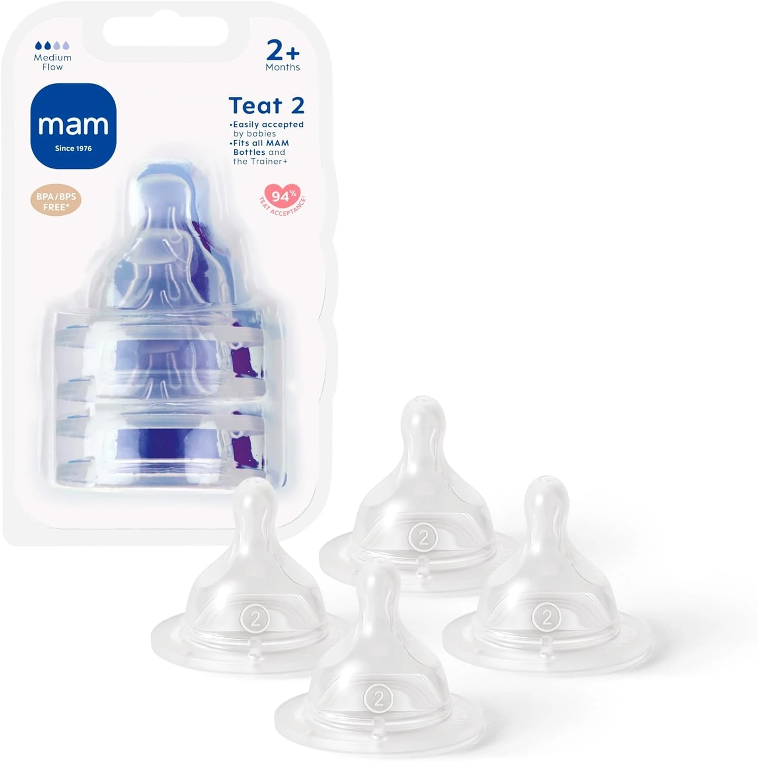 MAM Teats Size 2 | 4 Pack | Medium Flow | Fits All MAM Bottles | Suitable from 2+ Months | Made from SkinSoft Silicone | Baby Accessories for Newborn