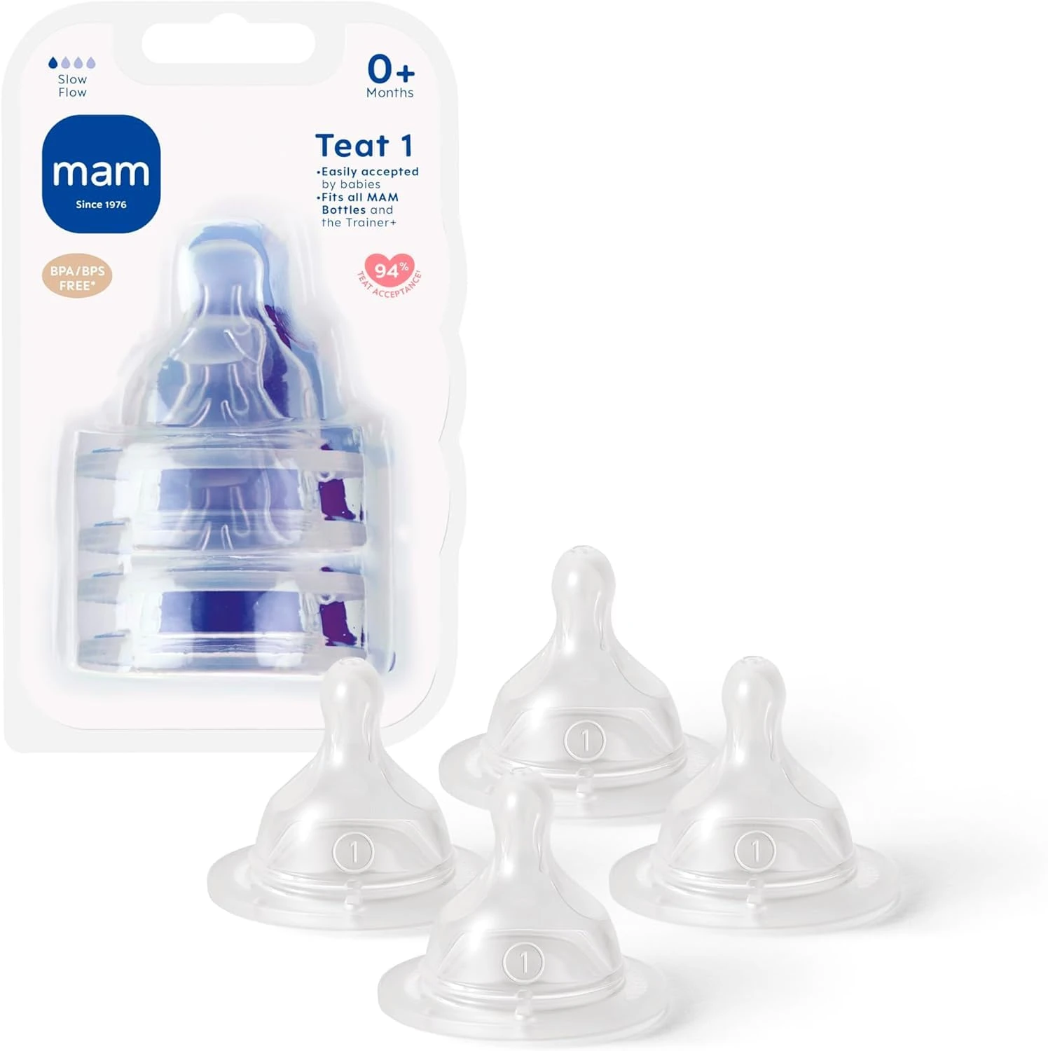 MAM Teats Size 1 | 4 Pack | Slow Flow | Fits All MAM Bottles | Made from SkinSoft Silicone | Baby Accessories for Newborn