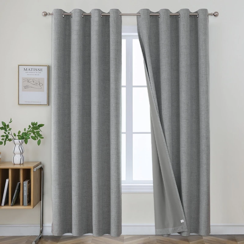 Joydeco Light Grey Blackout Curtains 96 Inches Long for Living Room, 100% Blackout Curtains for Bedroom, Linen Room Darkening Burlap Grommet Textured Drapes (42x95 inch, Light Grey)