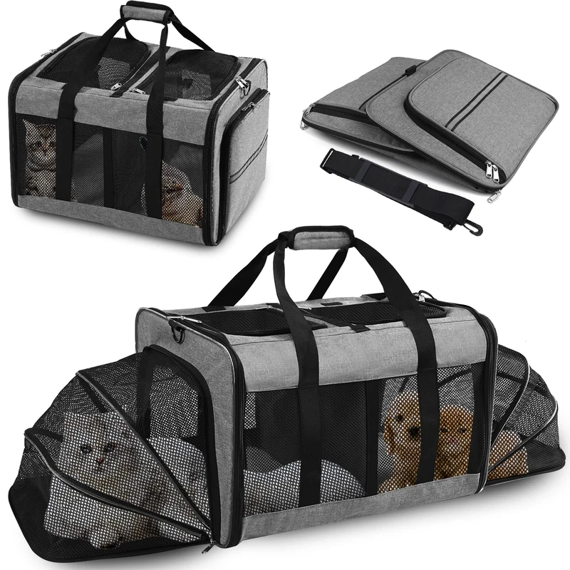 VKYSTAR Portable 2-in-1 Pet Carrier,Double Compartment Cat & Dog Carrier for 2 Cats,Expandable Medium Dogs Large Cat Carrier with Sturdy Base,Breathable,Good for Traveling Walking Camping（Grey）