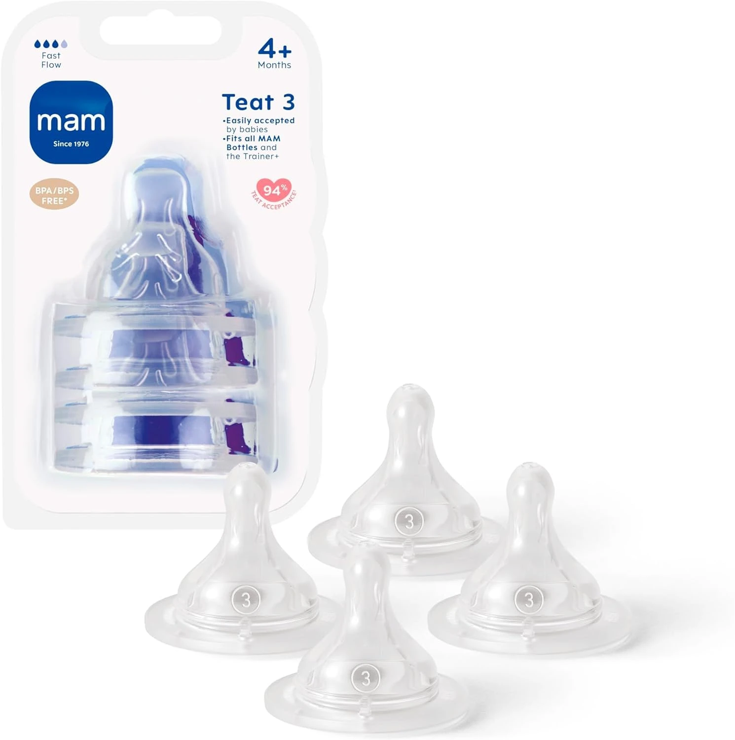MAM Teats Size 3 | 4 Pack | Fast Flow | Suitable from 4+ Months | Fits All MAM Bottles | Made from SkinSoft Silicone | Baby Accessories