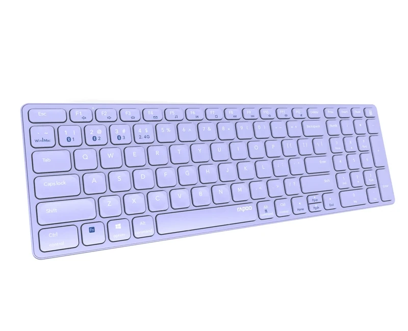 Rapoo - Multi-mode wireless keyboard, Portuguese QWERTY keyboard, with Bluetooth and 2.4 GHz connection, multi-device connectivity and ultra-thin design, E9700M, in Lilac