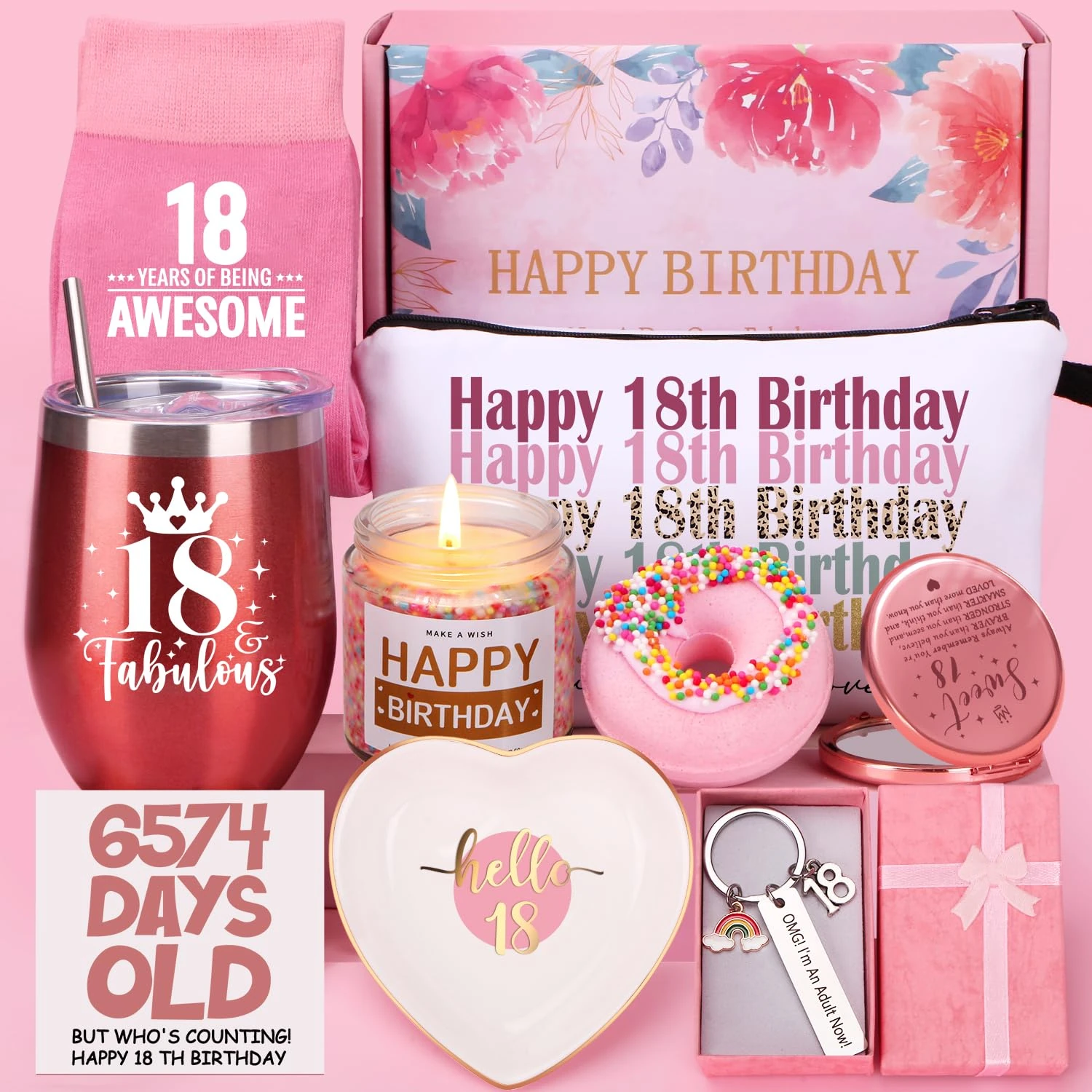 TuDou 18th Birthday Gifts for Girls, Happy 18th Birthday Hamper for Girls, 18 Year Old Girl Gifts, 18 th Birth-Day Pamper Box for Her, Best Friend, Sister, Daughter, 18 th Birth-Day Presents for Girl