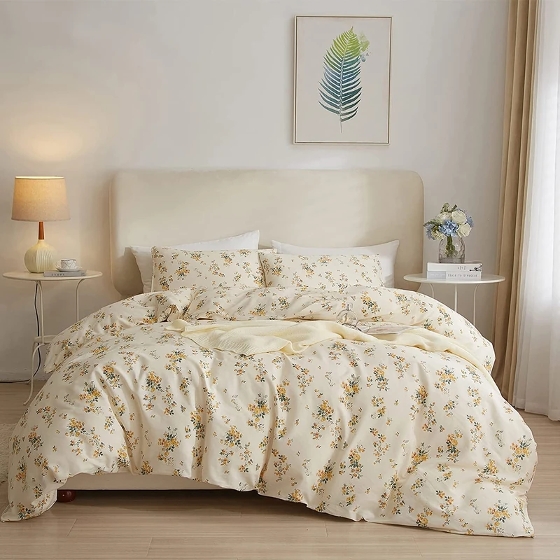 LifeTB - Yellow Flowers Bedding Set Queen, 100% Cotton, Botanical Pattern, 3-Piece (1 Duvet Cover + 2 Pillowcases), Chic, Shabby Garden, Floral, Breathable, 90"x90"