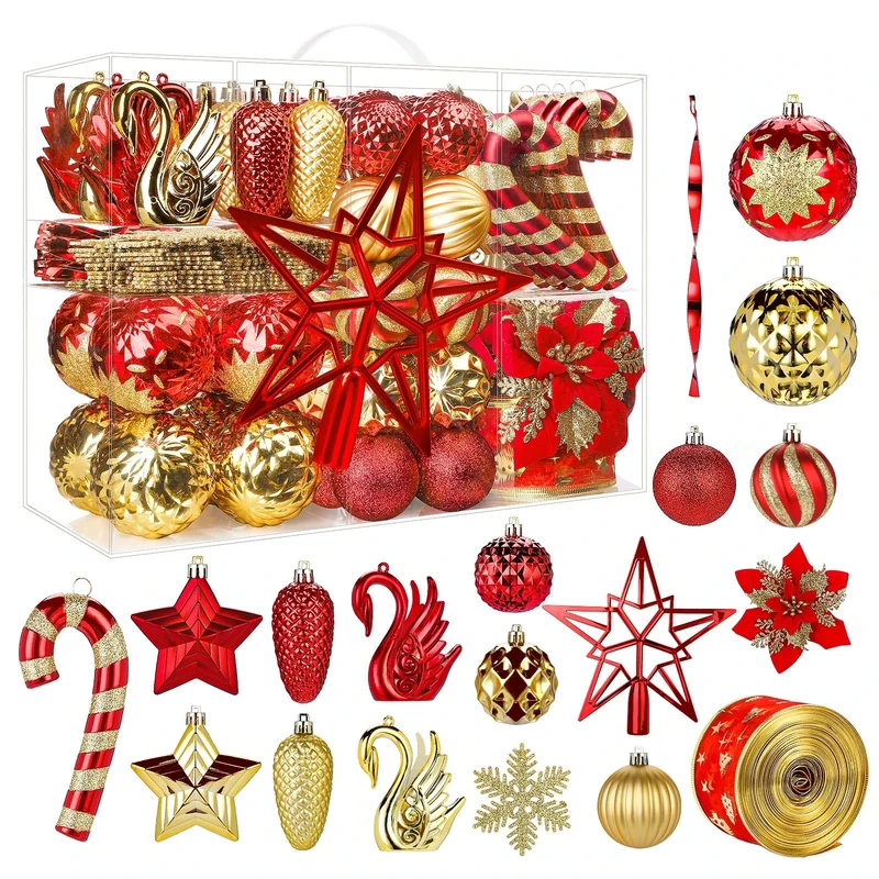 Alupssuc 128Pcs Christmas Baubles Ornaments Set, Shatterproof Decorations Balls, Flowers, Ribbon, Tree Topper for Xmas Holiday Wedding Party with Hooks, Red & Gold