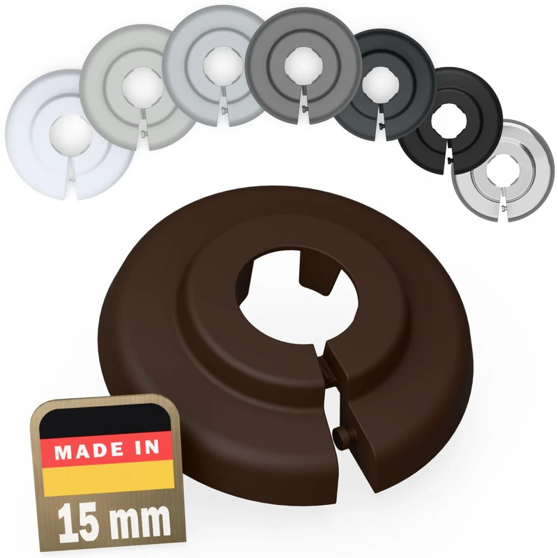 FUX 2 Pieces Radiator Pipe Covers for Pipe diameters 12mm-35mm; Heating Floor Pipe Collars Rings White, Black, Grey, Brown (15mm, Walnut Brown 8011)