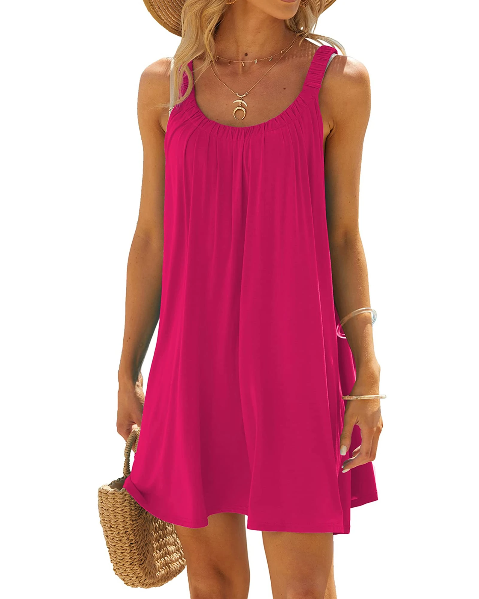 Women's Casual Summer Beach Dress Solid Color Sleeveless Backless U Neck Beachwear Bikini Cover Up (A-Rosy Red, L)