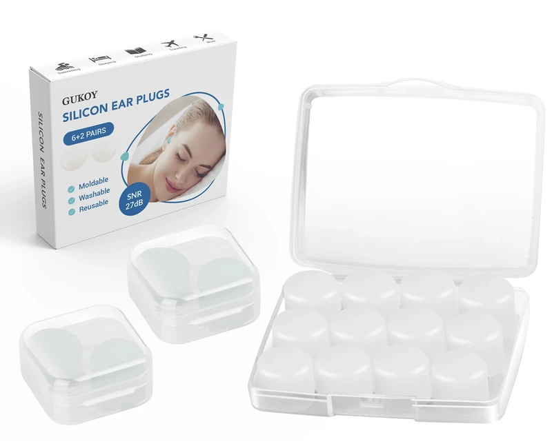 8 Pairs Silicone Ear Plugs for Sleeping, Reusable Waterproof Moldable SNR = 27dB Noise Cancelling Premium EarPlugs for Sleeping, Shooting, Airplanes, Concerts, Mowing, Studying, Swimming(White)