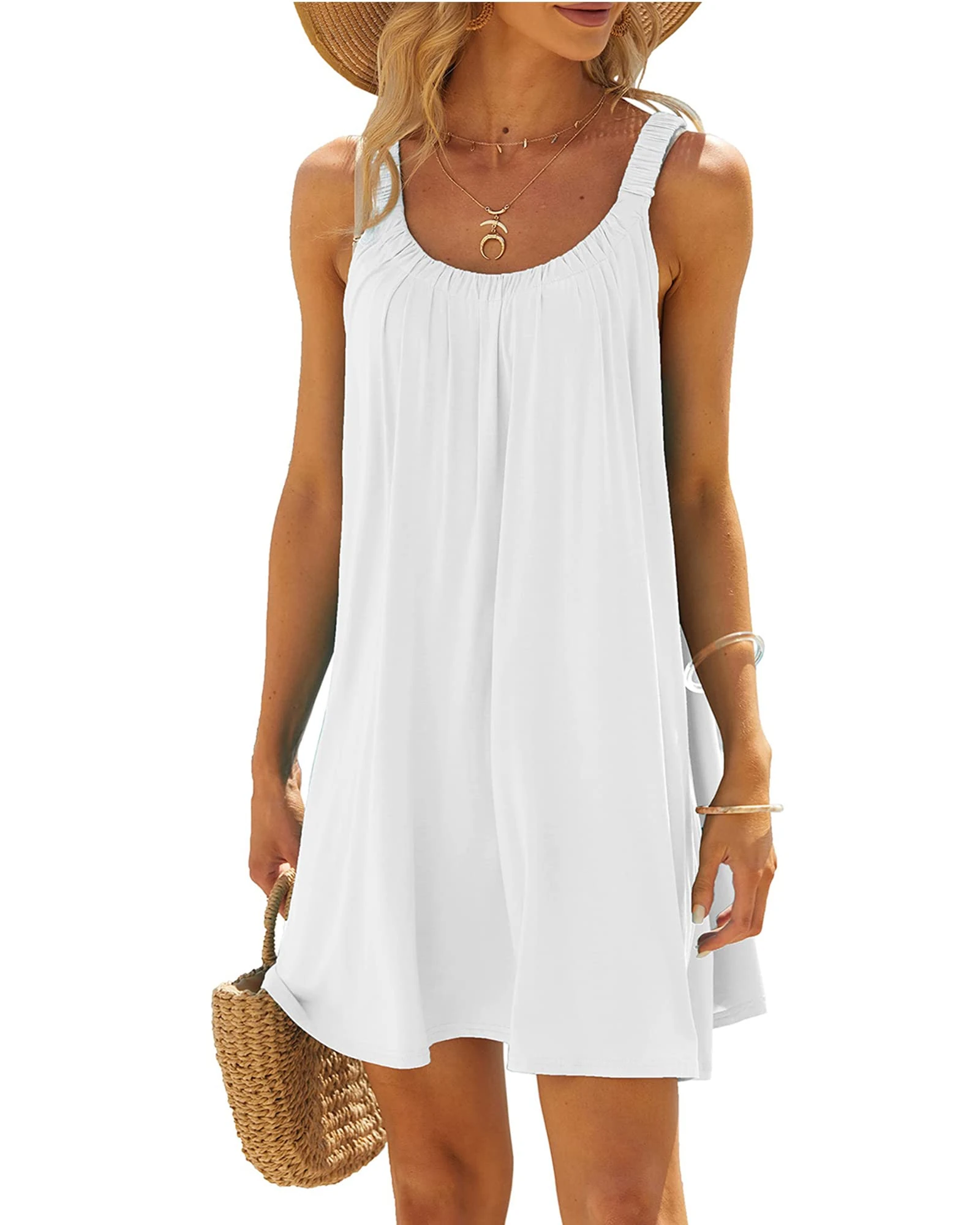 SANSIWU Women's Casual Summer Beach Dress Solid Color Sleeveless Backless U Neck Beachwear Bikini Cover Up (A-White, L)