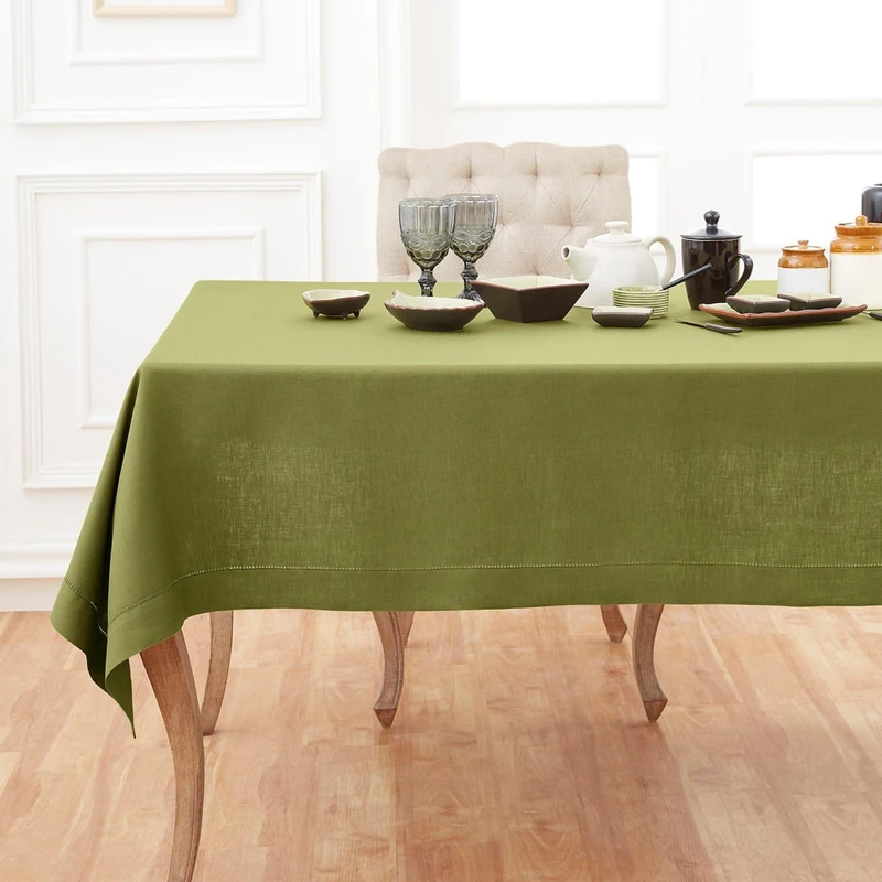 Solino Home 100% Linen Tablecloth Avocado, Classic Hemstitch 60 x 132 in