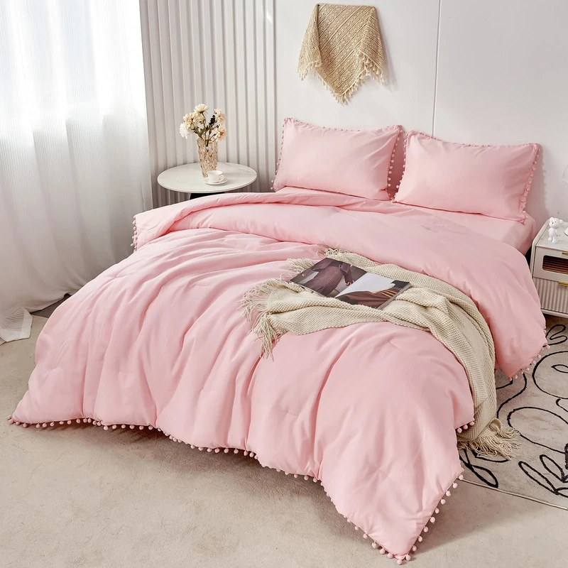 PERFEMET 5 Pcs Pink Pom Pom Comforter Twin Size Aesthetic Boho Pom Fringe Bedding Set with Sheet Ultra Soft Lightweight Farmhouse Bedding Quilt Set for Girls Kids(Pink, Twin)