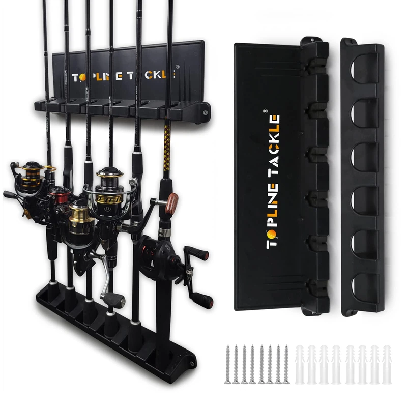 Topline Tackle 2 Set Vertical Fishing Rod Holders for Garage, Wall Mounted Fishing Pole Holders, Fishing Rod Rack for Storage 6 Rods