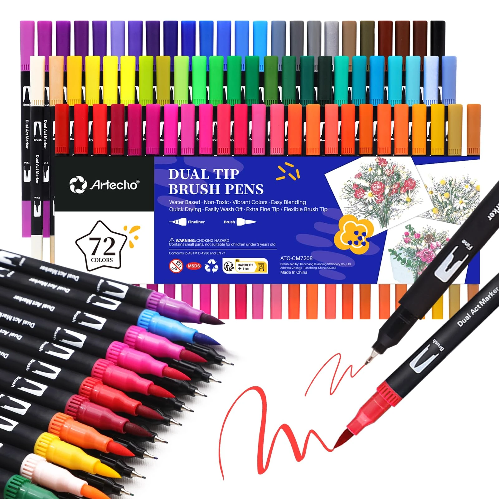 Artecho 72 Dual Tip Brush Pens, Felt tip pens for adult colouring books, Colouring Pens for Adults, Calligraphy, Drawing, Sketching, Nylon tip for Artists, Beginners