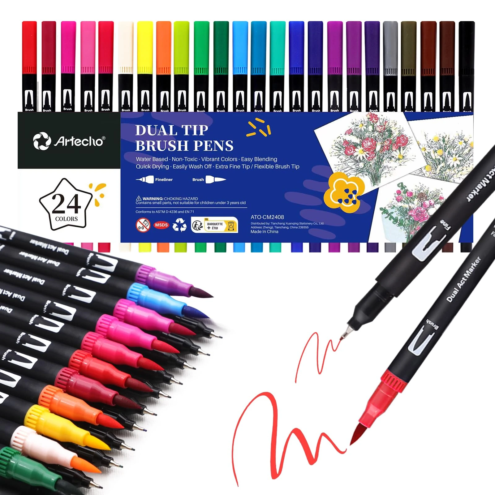Artecho 24 Dual Tip Brush Pens，Colouring Pens brush pens for Adult，Colouring Books，Calligraphy，Drawing，Sketching, nylon tip for Artists，Beginners