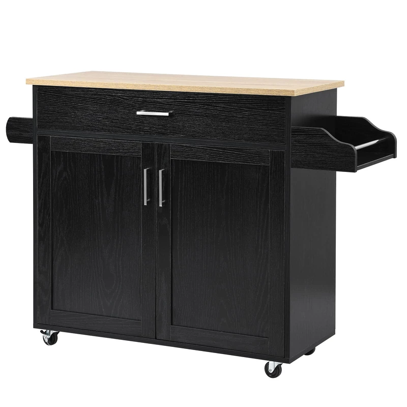 GiantexUK Kitchen Island Cart, Rolling Storage Serving Trolley with Large Drawer, Adjustable Shelf and Towel Rack, Utility Storage Cabinet Unit for Dining Room (Black, 116 x 40 x 85 cm)