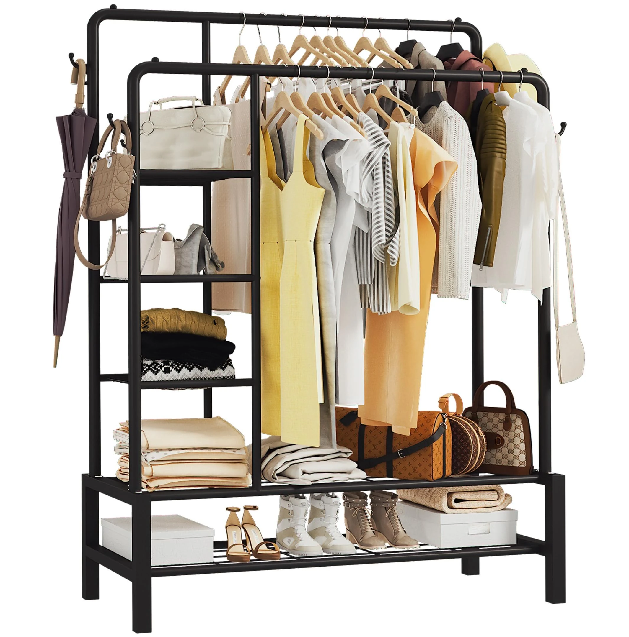 Klass Home Collection Heavy Duty Clothes Rail, 120KG Black Metal Rack With Double Hanging Clothing Rail, Shoe Rack, Storage Shelves & 4 Coat Hooks, Wardrobe Clothes Rails For Bedroom Office Shop