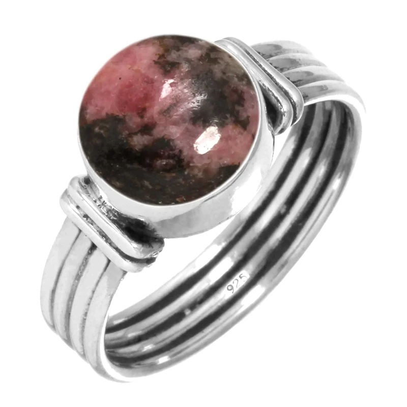 Jeweloporium Pink Rhodonite Silver Ring Size U 1/2, 925 Sterling Silver Ring for Women, Natural Round Gemstone Boho Jewellery