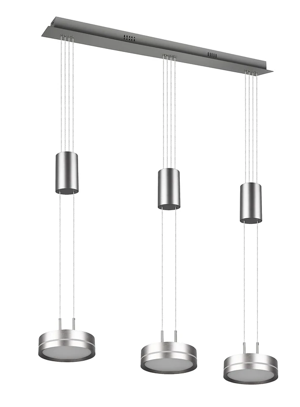 Trio, Pendant light, Franklin incl. 3 x LED,SMD,9,0 Watt,3000K,1050 Lm. Plastic, White, Body: Aluminium, Matt nickel L:85 cm, L:14 cm, H:150 cm