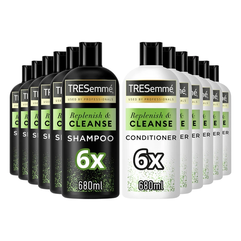 TRESemme Replenish & Cleanse Shampoo (6x 680 ml) and Conditioner (6x 680 ml) Hair Care Bundle with a vitamin complex for greasy hair