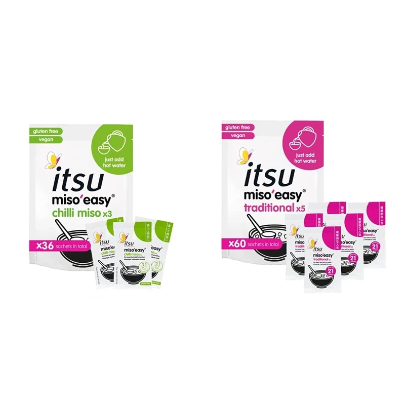itsu Miso'Easy Instant Chilli Miso Soup Sachets, Gluten-Free, Vegan 60 g (Pack of 12-36 soups) + itsu Miso'Easy Traditional Miso - Instant Miso Soup Sachets 12x105g (Pack of 12-60 soups in total)