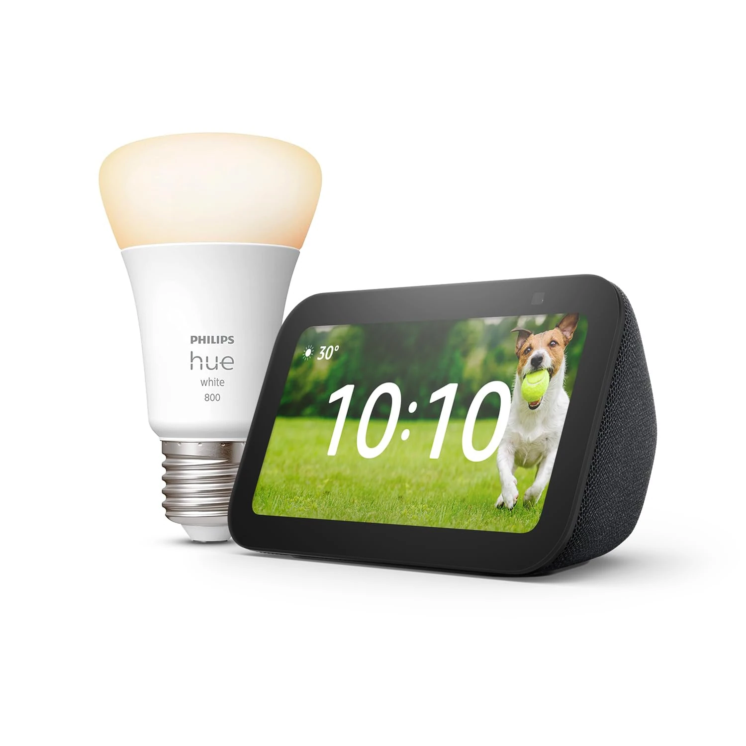 Echo Show 5 (3rd generation) | Charcoal + Philips Hue White Smart Light Bulb LED (E27), Works with Alexa - Smart Home Starter Kit