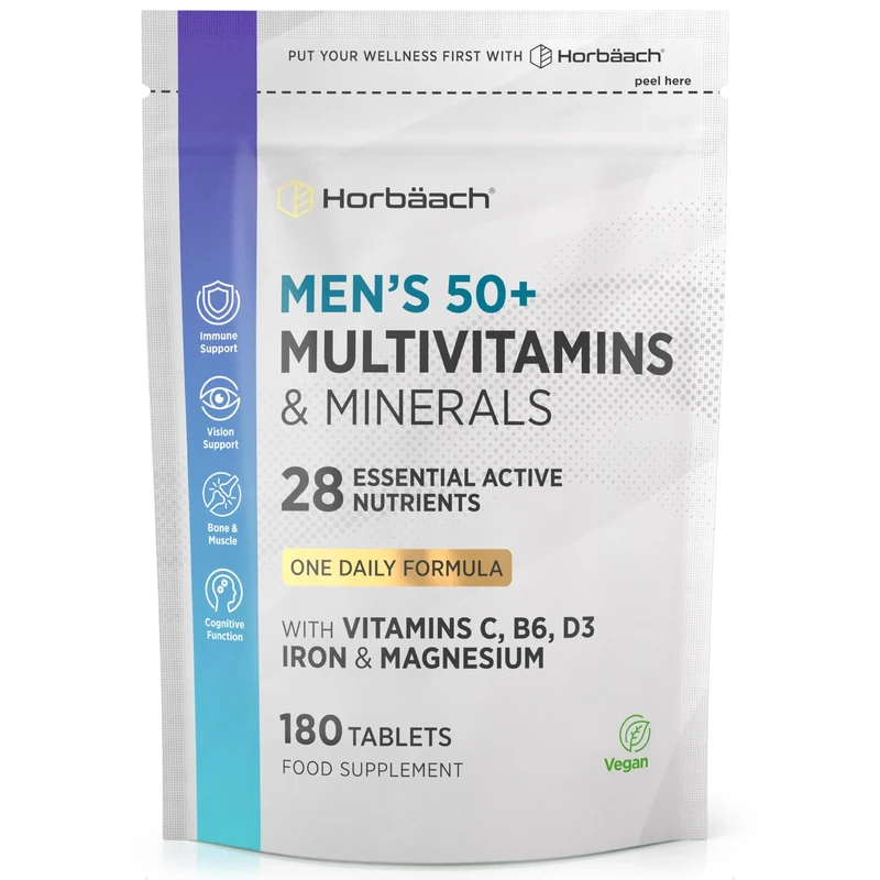 Multivitamin Tablets for Men 50 Plus | 180 Count | One-a-Day Formula | 28 Essential Nutrients | with Vitamin C, B6, D3, Iron and Magnesium | Vegan | by Horbaach