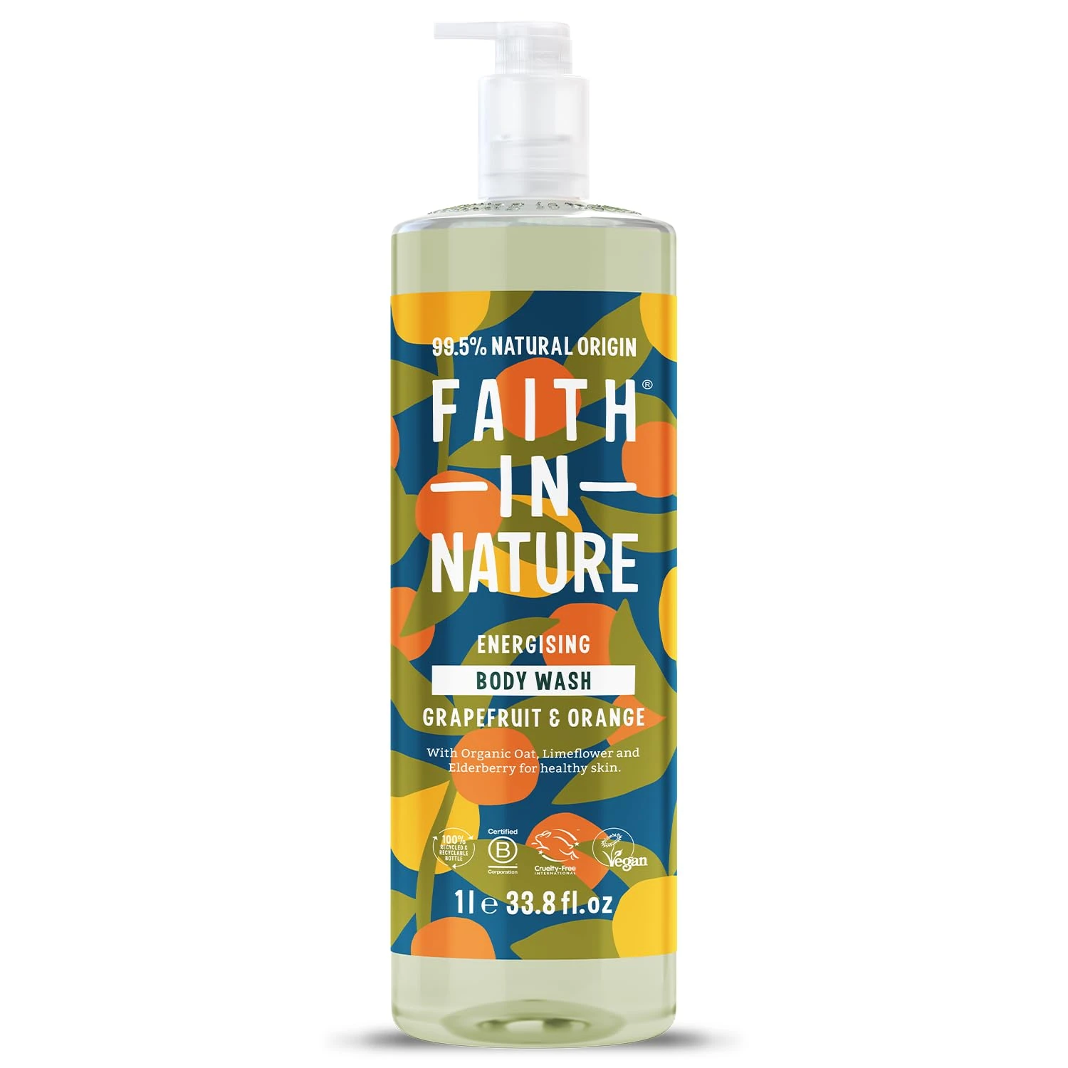 Faith In Nature 1L Natural Grapefruit & Orange Body Wash, Invigorating, Vegan and Cruelty Free, No SLS or Parabens