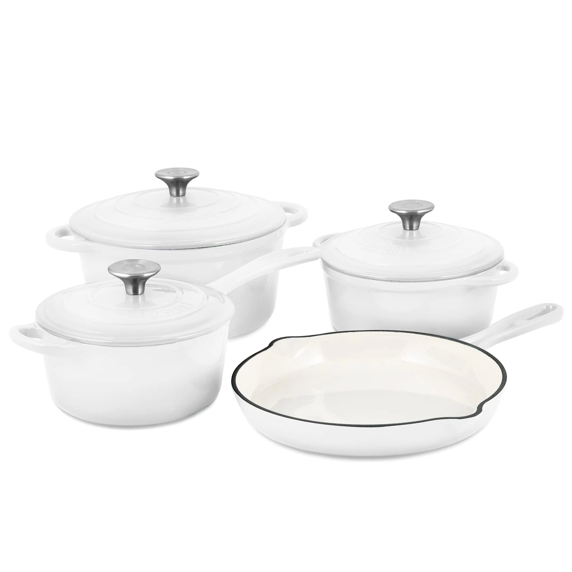 Basque Enameled Cast Iron Cookware Set (Blanc), 7-Piece Set, Nonstick, Oversized Handles, Oven Safe; Skillet, Saucepan, Small Dutch Oven, Large Dutch Oven