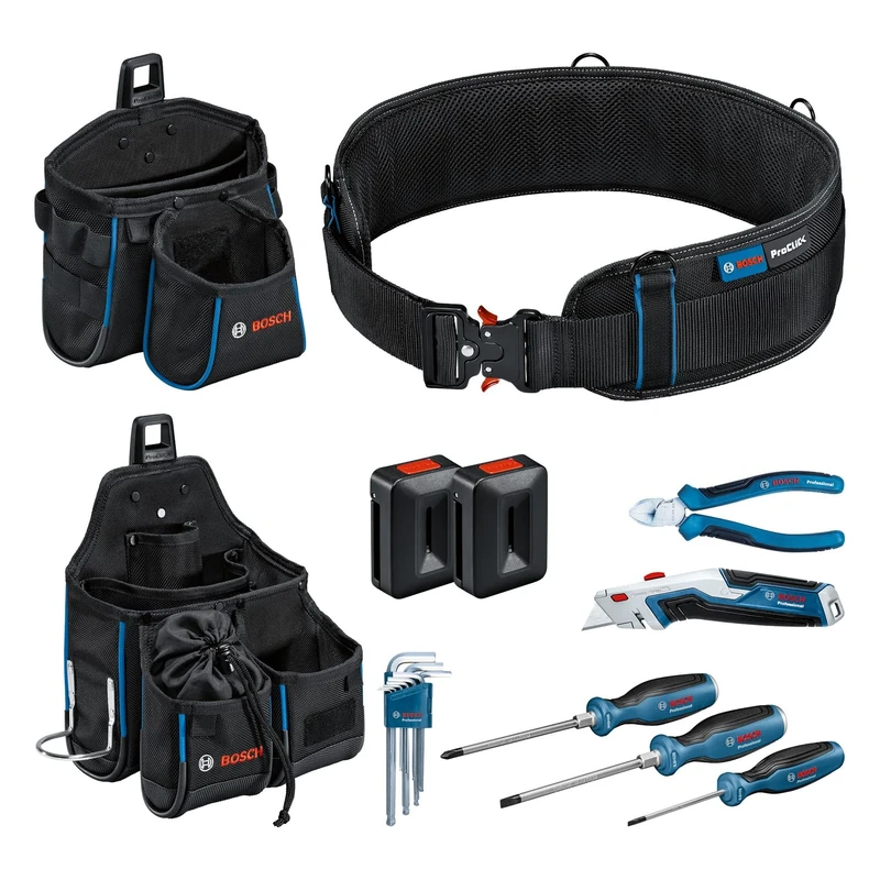 Bosch Professional Combo Kit Toolbelt and Hand Tools Set (incl. 1x Belt 108, 1x GWT 2, 1x GWT 4, 2x ProClick Holder, 3x Screwdrivers, Hex Key Set 9 pc., 1x Diagonal Side Cutter, 1x knife)