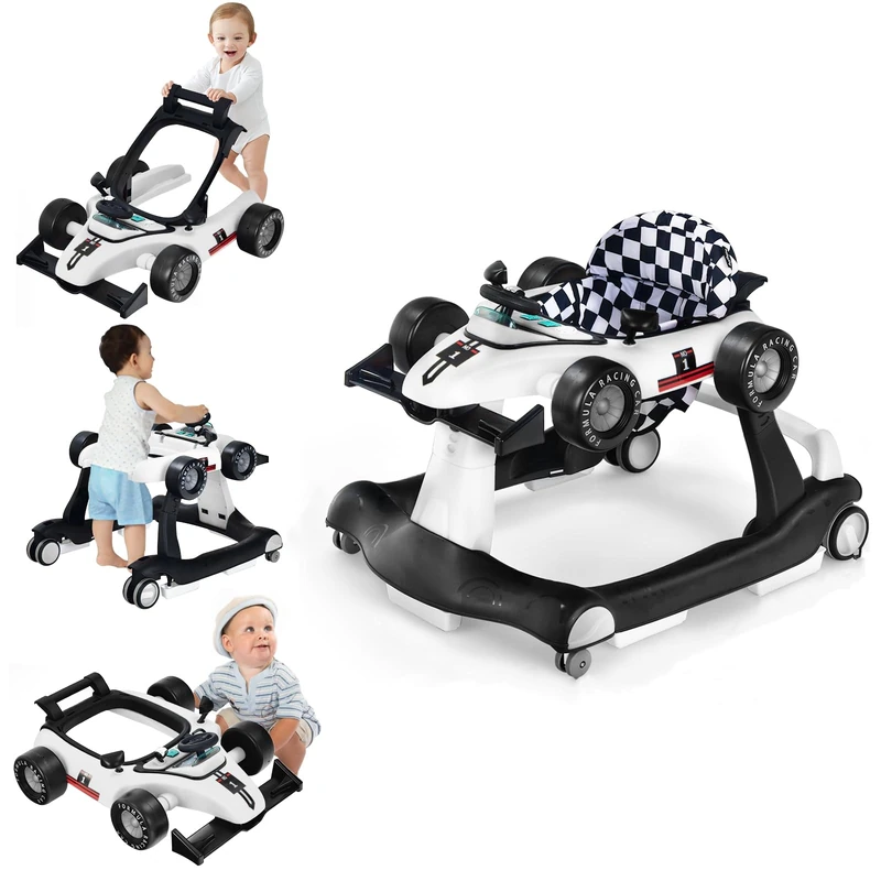 GYMAX Baby Walker, 4 in 1 Foldable Toddler Push Along Walker with Steering Wheel, Music Box, Lights and Comfy Seat, Height & Speed Adjustable Infant Learning to Walk Activity Center (White)