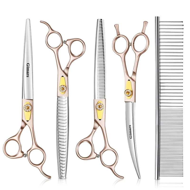 Gimars 8 Inch Professional 440C Stainless Steel Dog Grooming Scissors Heavy Duty 6 in 1 - Straight, Thinning, Chunker, Curved Shears and Comb, Ergonomic Pet Grooming Scissor for Dogs, Cats