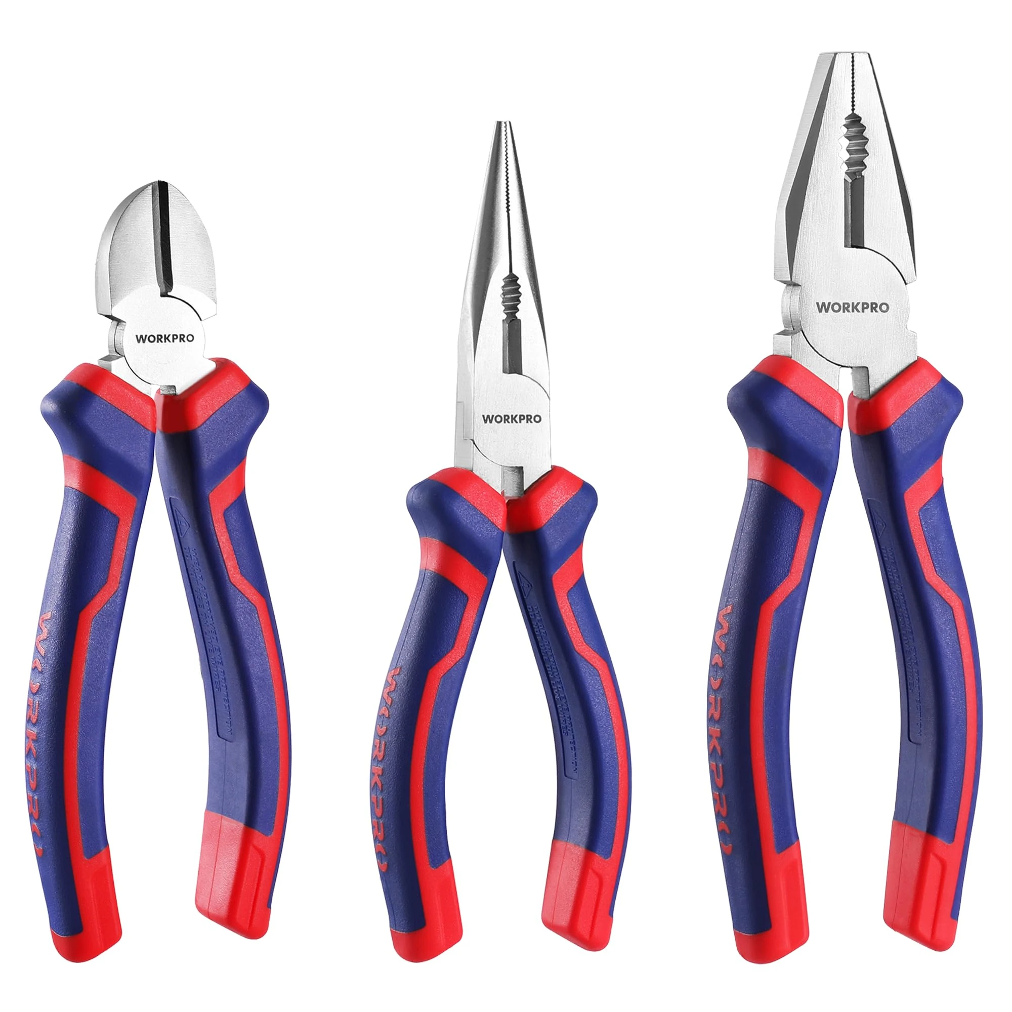 WORKPRO 3-Piece Pliers Set, 6" Long Nose, 6" Diagonal Cutting, 7" Combination, Soft Grip, Blue, Red, Carbon Steel, for DIY Household Repair