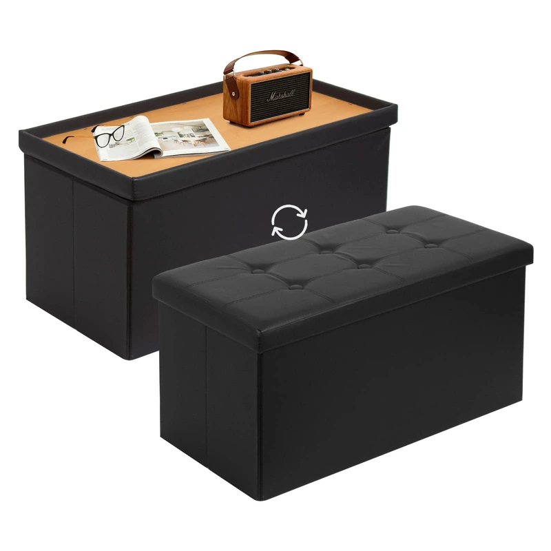 Todeco 2 in 1 Storage Chest with Lid, Folding Storage Bench Faux Leather, Ottoman with Storage Space, 80L Indoor Storage Ottoman for Living Room Chembre, Black