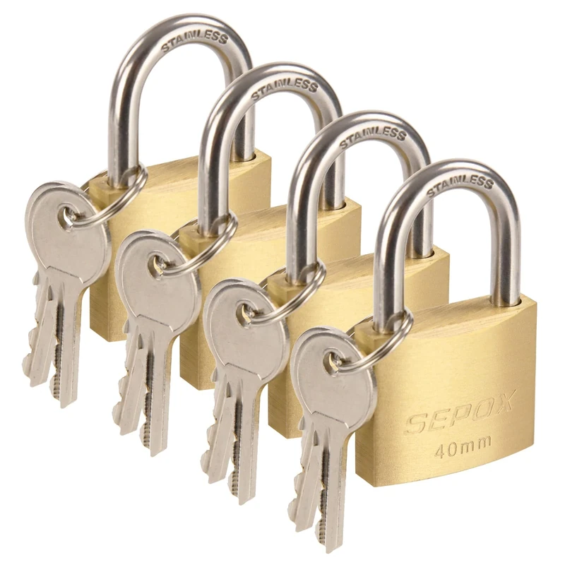 SEPOX® Marine Grade Outdoor Padlocks Keyed Alike, 40mm Heavy-Duty Solid Brass Lock Weather Proof, SUS304 Stainless Steel Long-Shackle, Rust Proof for Warehouse Garage Shed (4X Brass 40mm)