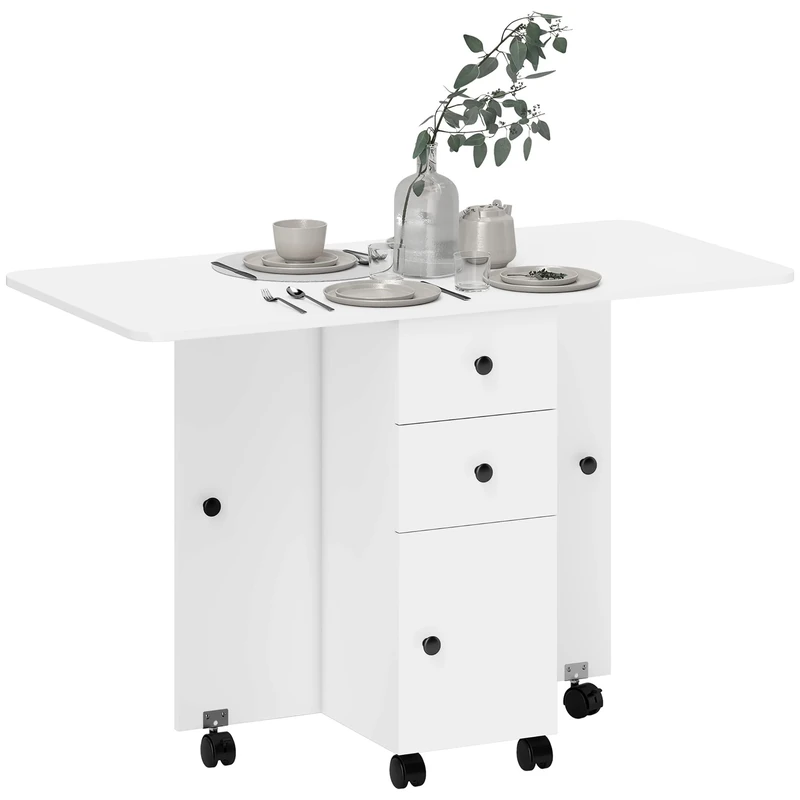 HOMCOM Folding Dining Table for 4-6, Rolling Drop Leaf Table on Wheels with Storage Drawers, Cabinet and Open Shelf for Kitchen, Dining Room, White