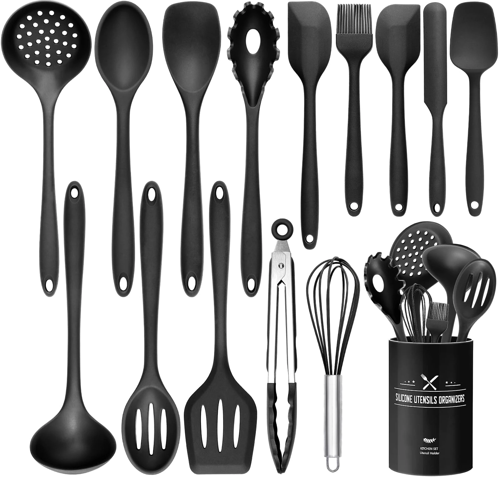 Wildone Silicone Kitchen Cooking Utensils Set, 15PCS Premium Spatula Set for Nonstick Cookware, Kitchen Tools Spatula Spoons Turner Brush Whisk, Heat Resistant (Black)