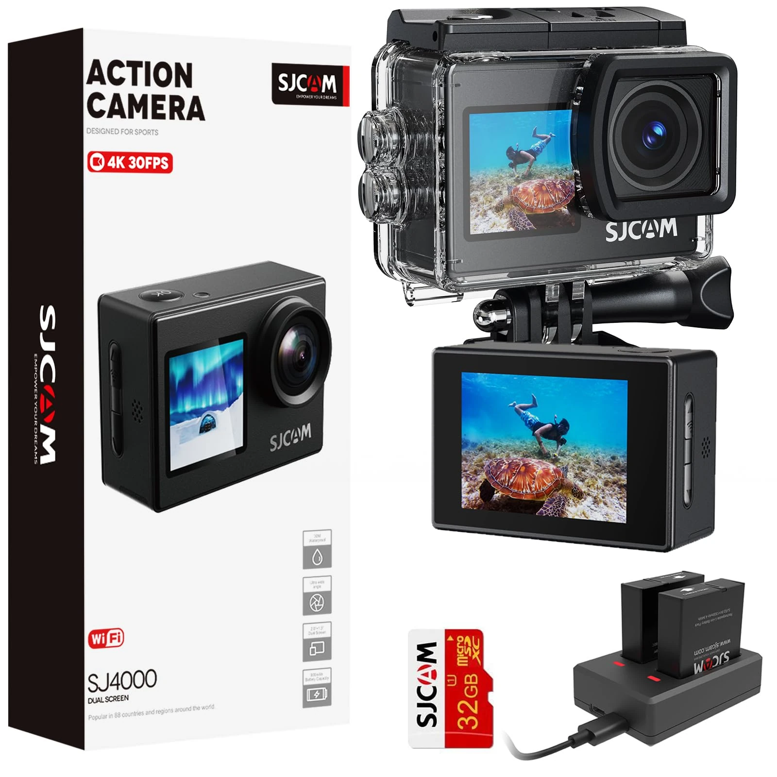 SJCAM Upgraded SJ4000 Action Camera 4K Ultra HD Dual Screen Underwater Camera 98FT Waterproof, 170° Wide Angle, Stabilization, 5X Zoom, WiFi Camera with Extra Battery, SD Card, Helmet Accessory Kit