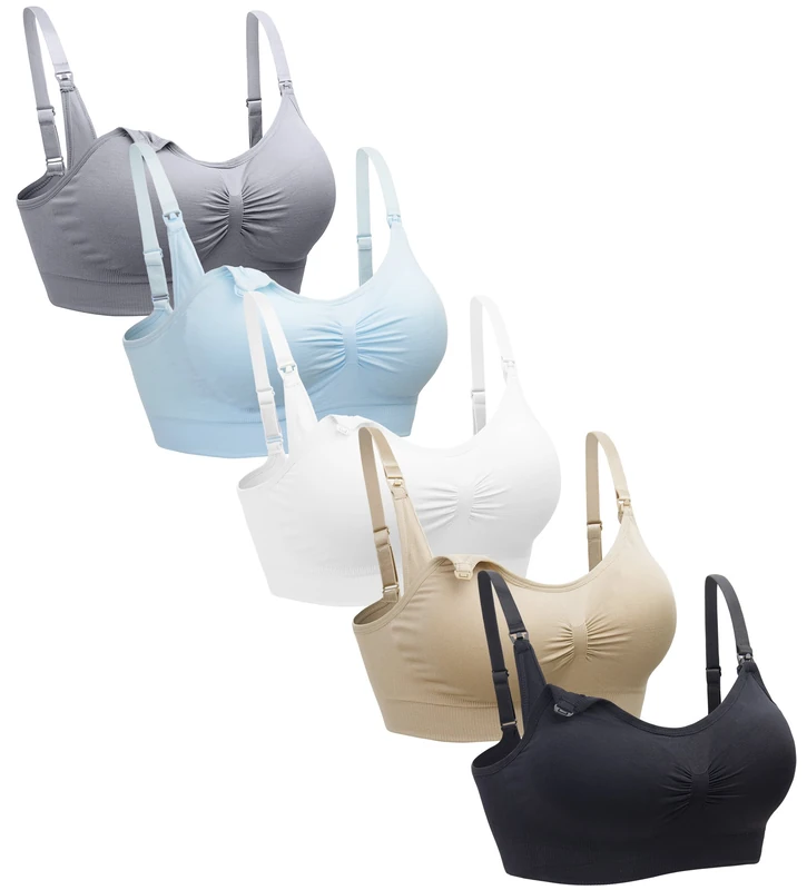 Suekaphin 5PACK Nursing Bra Wireless Bra Women's Sleeping Maternity Bra Breastfeeding Bra, Black/Nude/Gray/White/Lightblue, XL/Plus