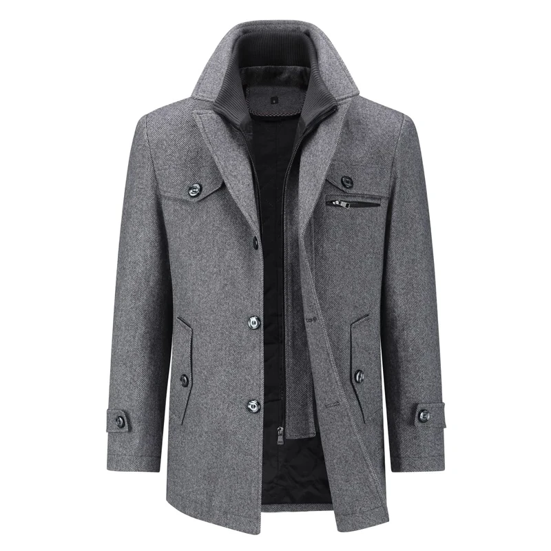 YOUTHUP Mens Winter Wool Coat Hip-Length Thick Trench Coats Padded Warm Peacoat Casual Outwear, Light Grey, L