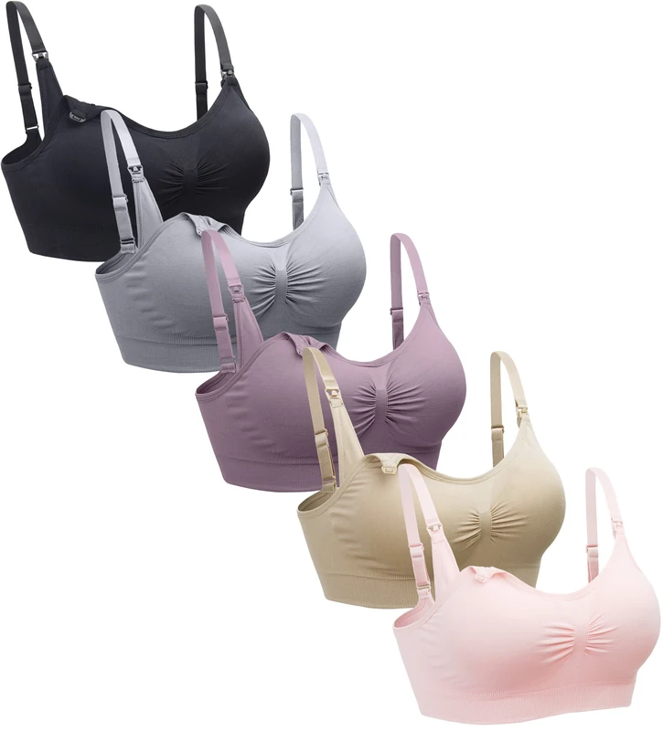 Suekaphin 5PACK Nursing Bra Wireless Bra Women's Sleeping Maternity Bra Breastfeeding Bra, Black/Nude/Purplebean/Softpink/Gray, XL/Plus