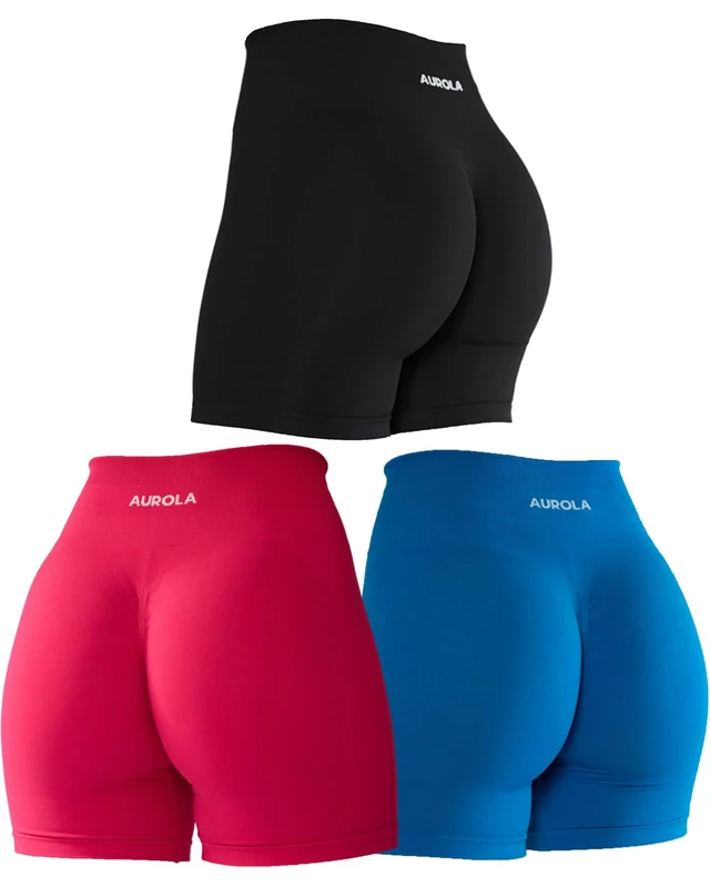 AUROLA Intensify Workout Shorts for Women Seamless Scrunch Short Gym Yoga Running Sport Active Exercise Fitness Shorts, Pack（Black/Pink/Diva Blue）, M - Image 1