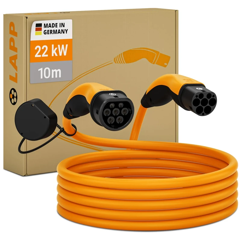 Lapp Mobility Charging Cable for Electric Vehicles Type 2-22kW, 32A, Three Phase, Electric Car Charging Cable, IP55 Protected, for PHEV & BEV, Charging Station, Made in Germany - 10m Orange
